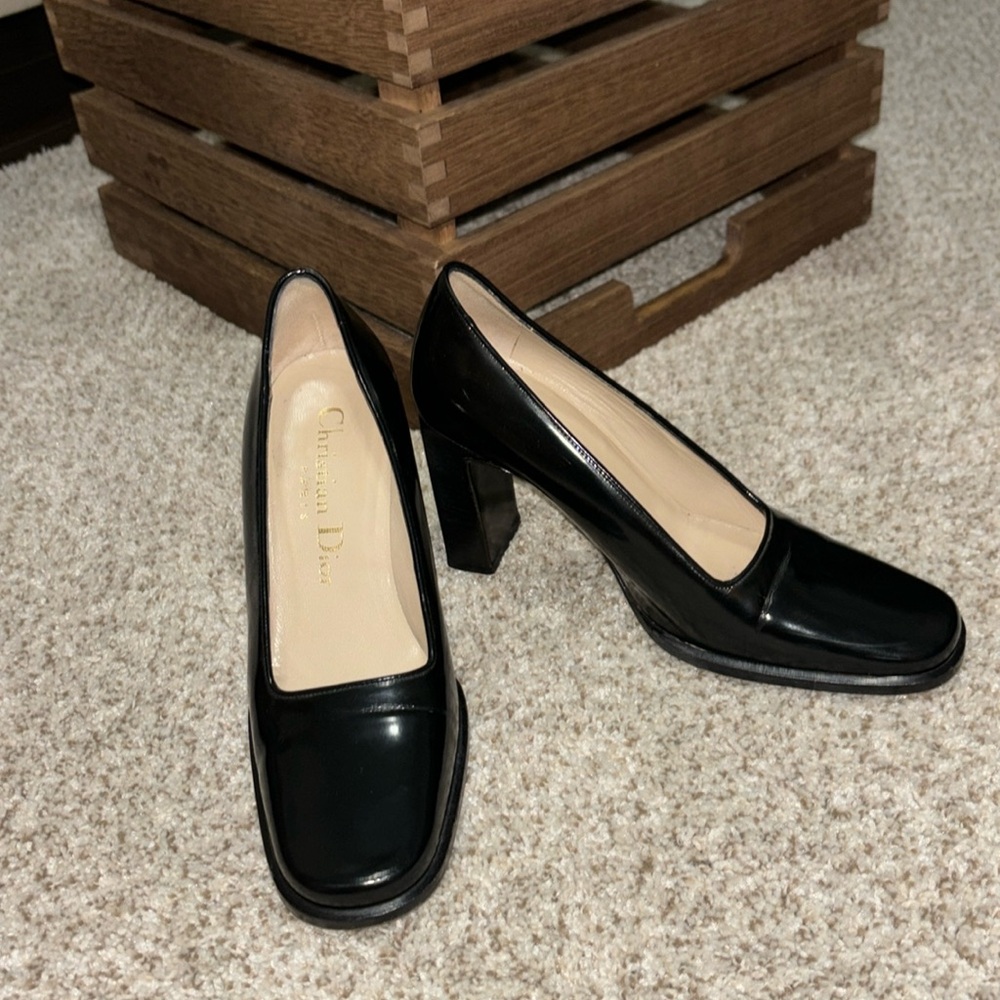 Dior Black Patent Leather Block Heel Pumps